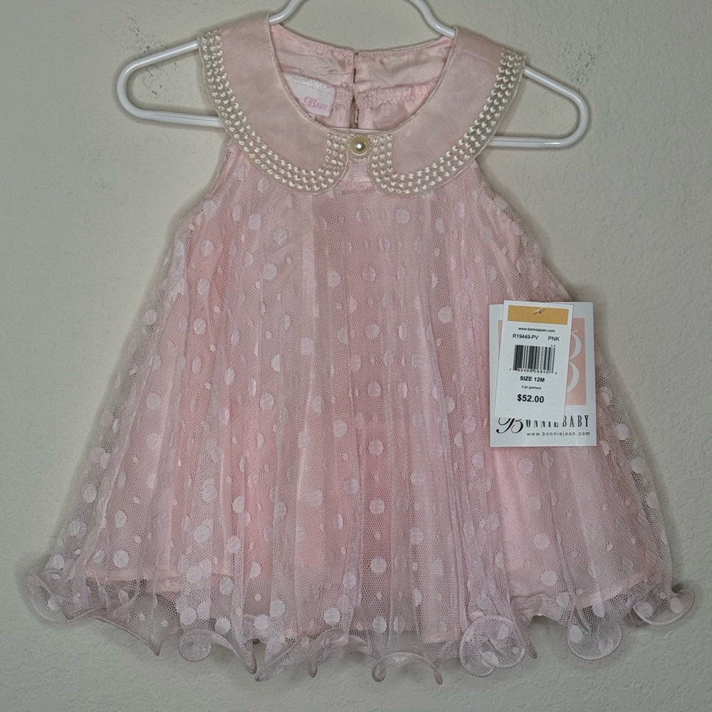 *NEW* Bonnie Baby Girls Sleeveless Pink Dress with Pearl Collar